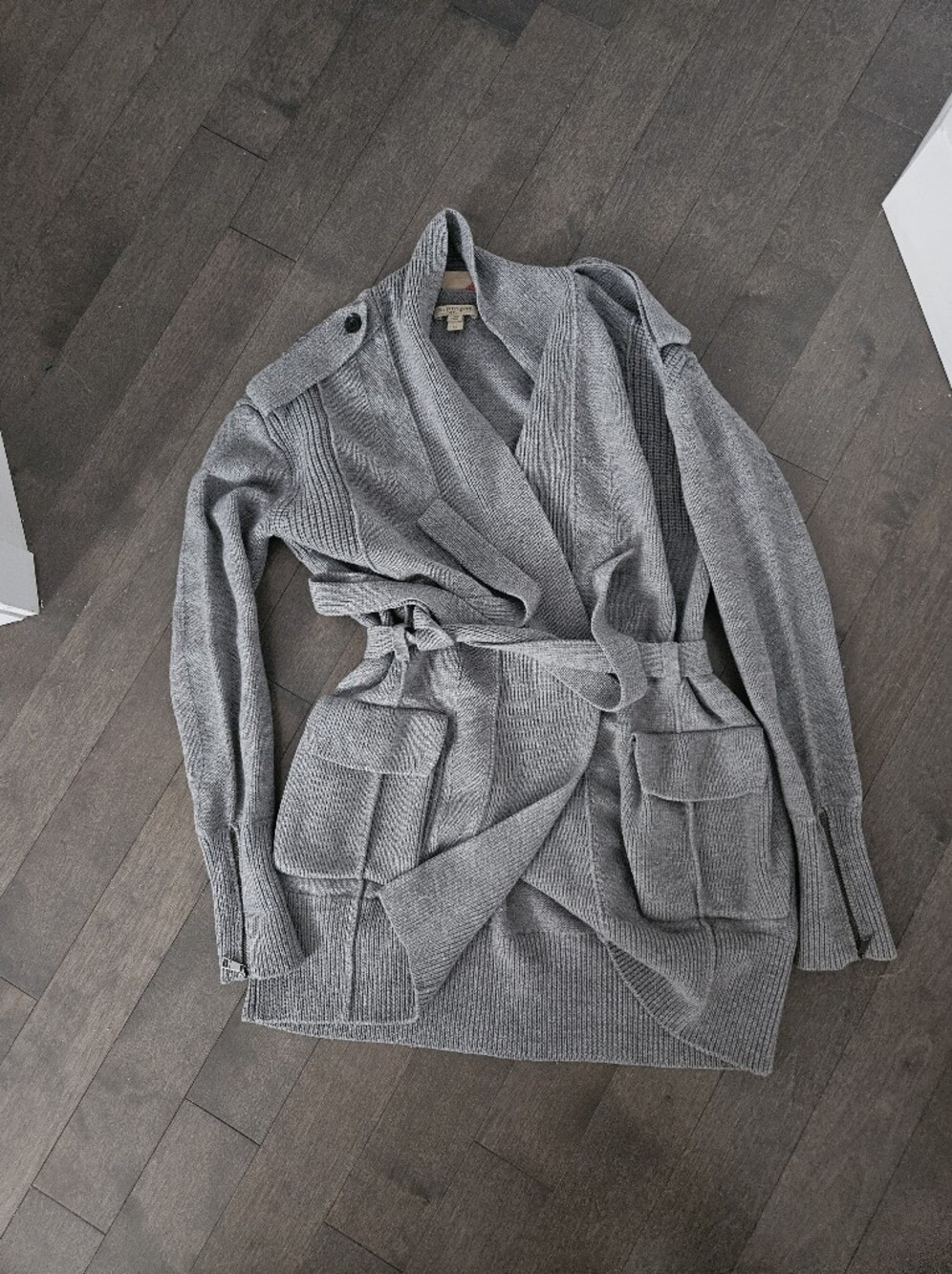 Burberry Brit Authentic Gray Ribbed Knit Cardigan with Tie Waist
